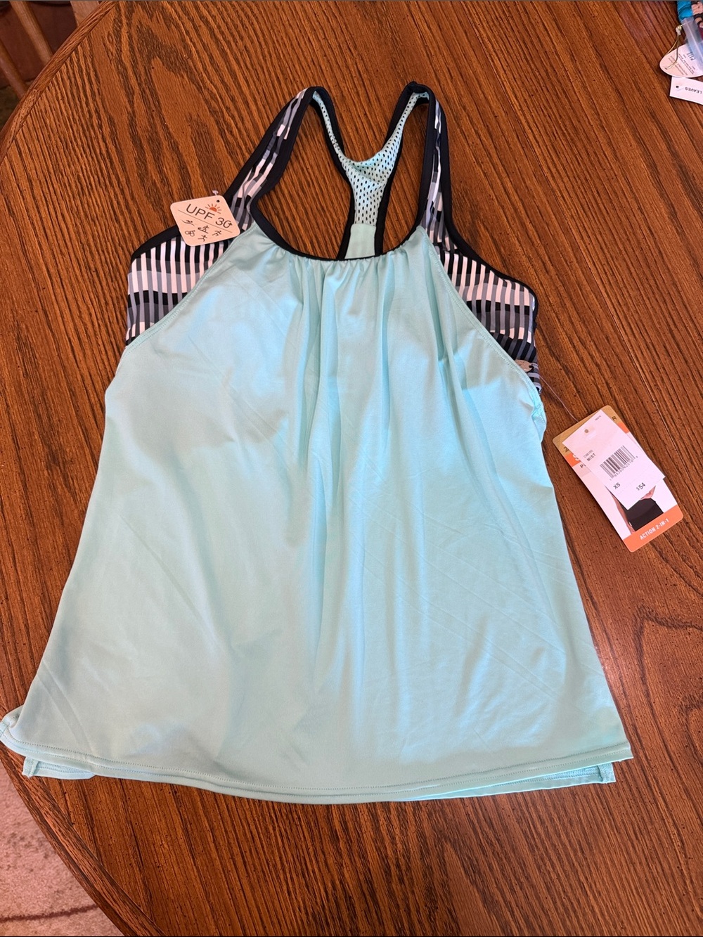 ZeroXposur Light Aqua Tankini Top with Black and White Stripe Back